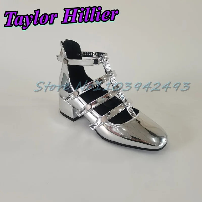 Gladiator Green Heeled Sandals Rivets Women Designer Luxury Shoes Patent Leather Solid Sandalias De Mujer Roman Strappy Palace