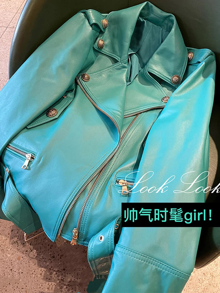 Lautaro Spring Autumn Cool Bright Green Pu Leather Biker Jacket Women Zipper Long Sleeve Luxury Designer Streetwear Fashion 2022