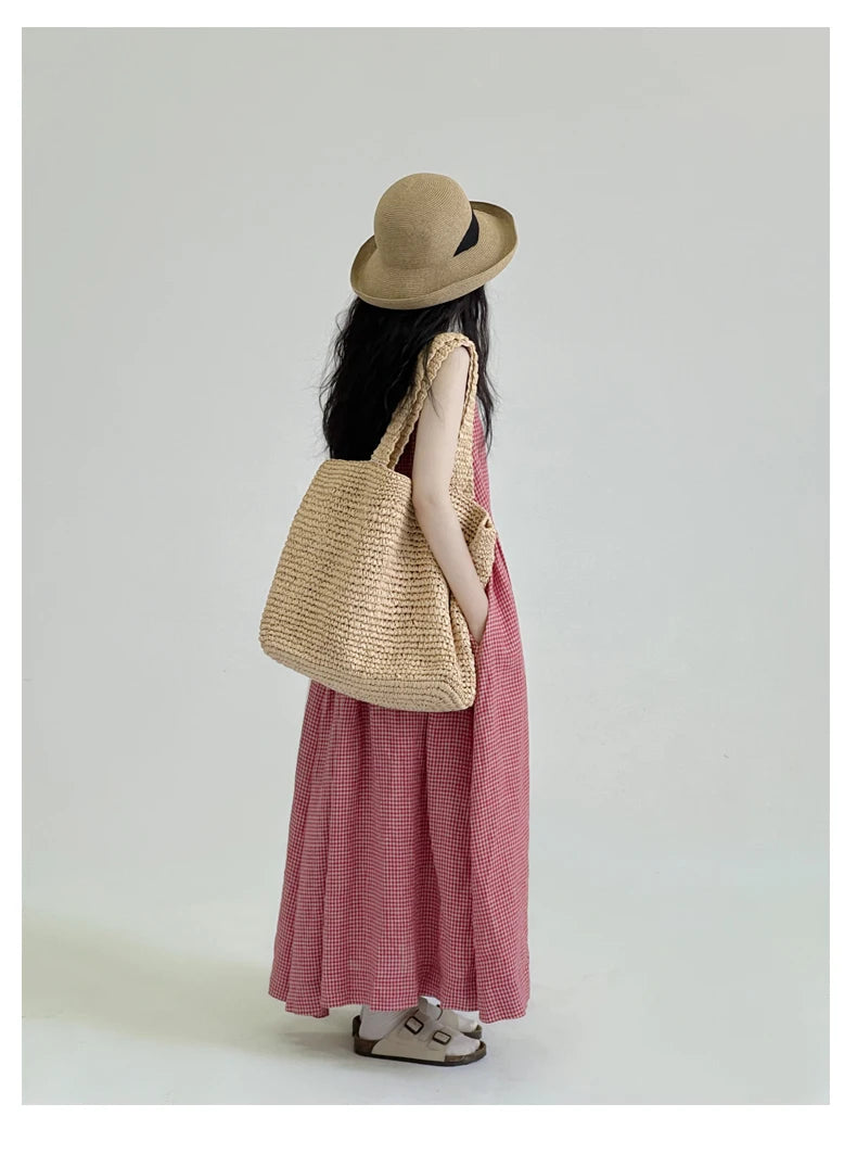 Summer New Women's Cotton Lin Loose Casual Dr High Waist A-Line Skirt Svel Vest Dr Cheered Pattern plus Size