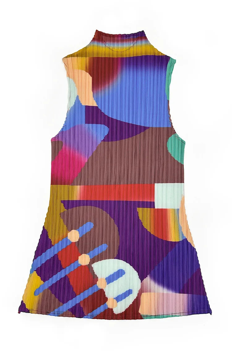Miyake Pleated Geometric Playground Printed High-neck Sleeveless Top