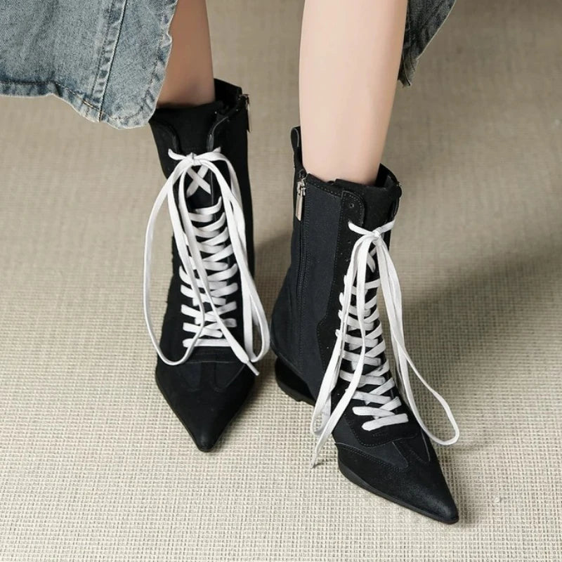 Pointed Toe Cross-tied Designer Women Boots Warm Strange Heel Retro Ankle Boots Zip Street Style Fashion High Short Boots Female
