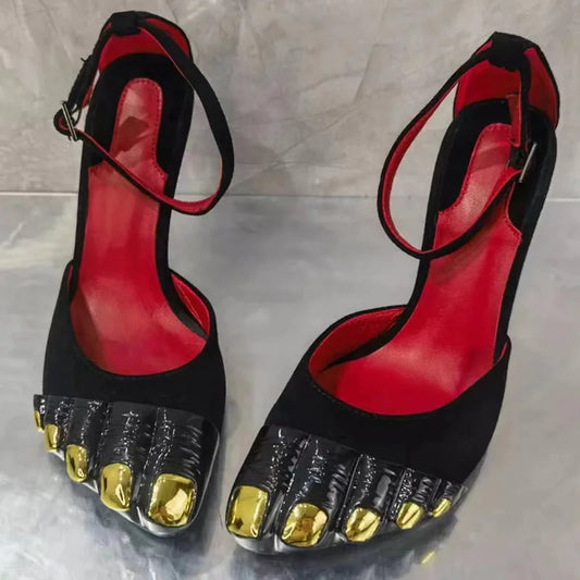 Sexy Novelty Stiletto Sandals For Women Pointed Toe Ankle Strap Designer New Brand Luxury Female Shoes Cool Elegant Metal Decoration