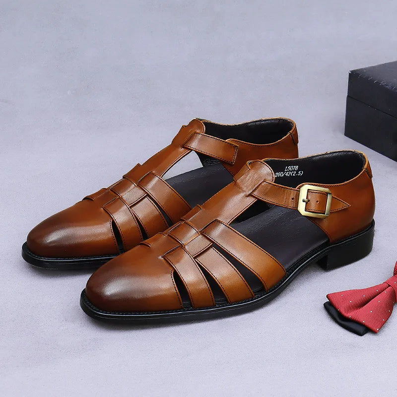 Premium Leather Sandals For Men Top Grain Cowhide Summer Slippers Breathable Lightweight Driving Shoes