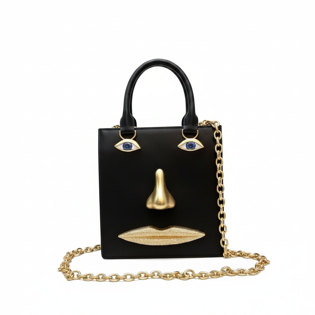 2026 Summer New Women's Surreal  Leather Handbag 3D Face Hand Grip Pattern Tote Bag Silver Patent Leather Square Versatile Shoulder Bag