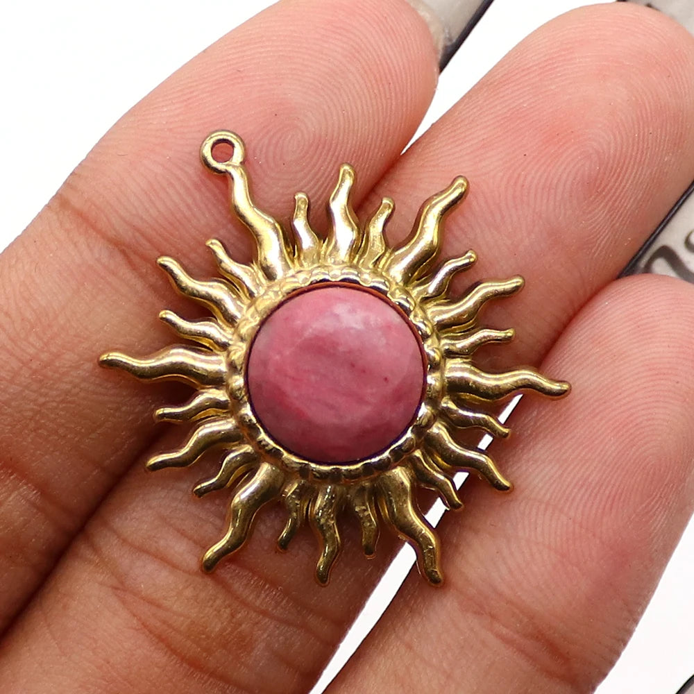 Solstice Sun Goodluck Pendant Shape Natural Amazonite Lapis Lazuli Black Agate Pendants Golden Frame Design Charms Jewelry Accessory 1 Pc For DIY Necklace