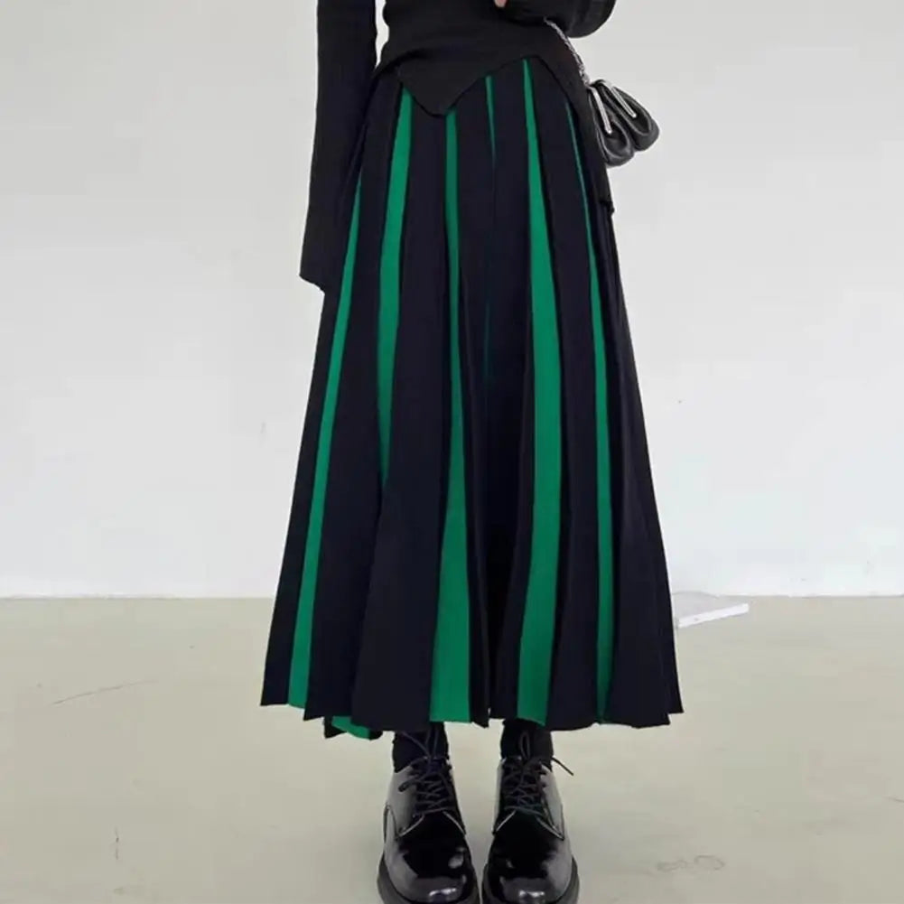 Women Midi Skirt High Waist Patchwork Color Pleated Skirt Ladies Autumn Knitting Skirt Women Versatile Comfortable Daily Wear