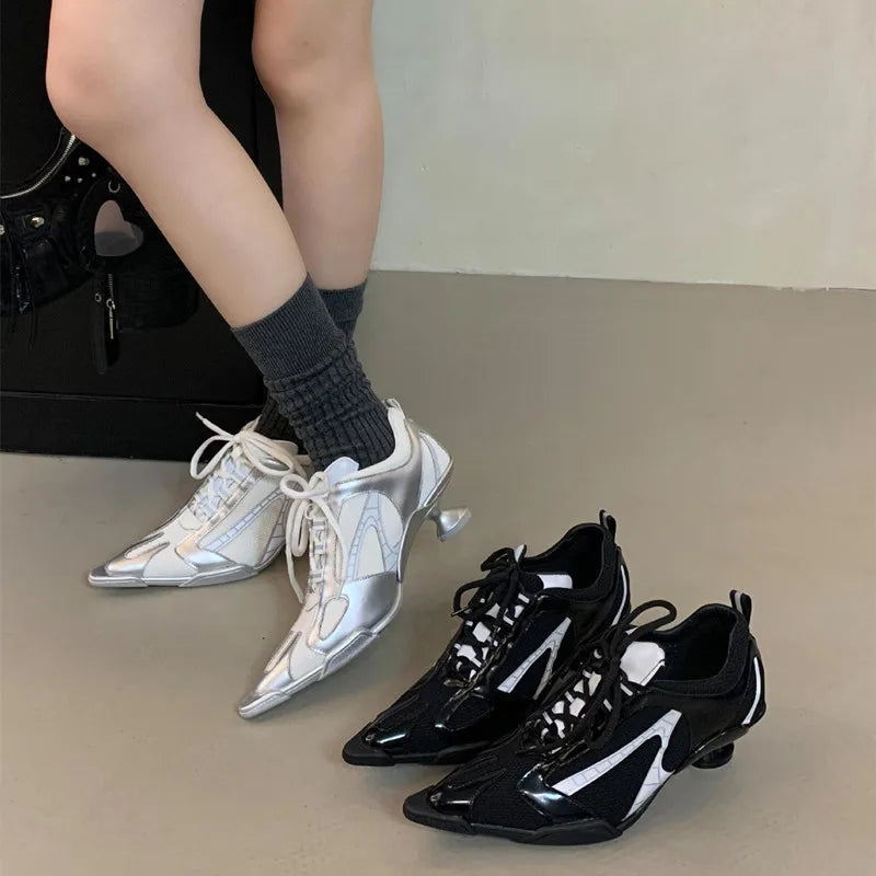 Sport Style Fashion Mixed-color Pointed toe Women Pumps Spring Autumn Breathable Mesh Strange High heels Casual Sneakers Shoes