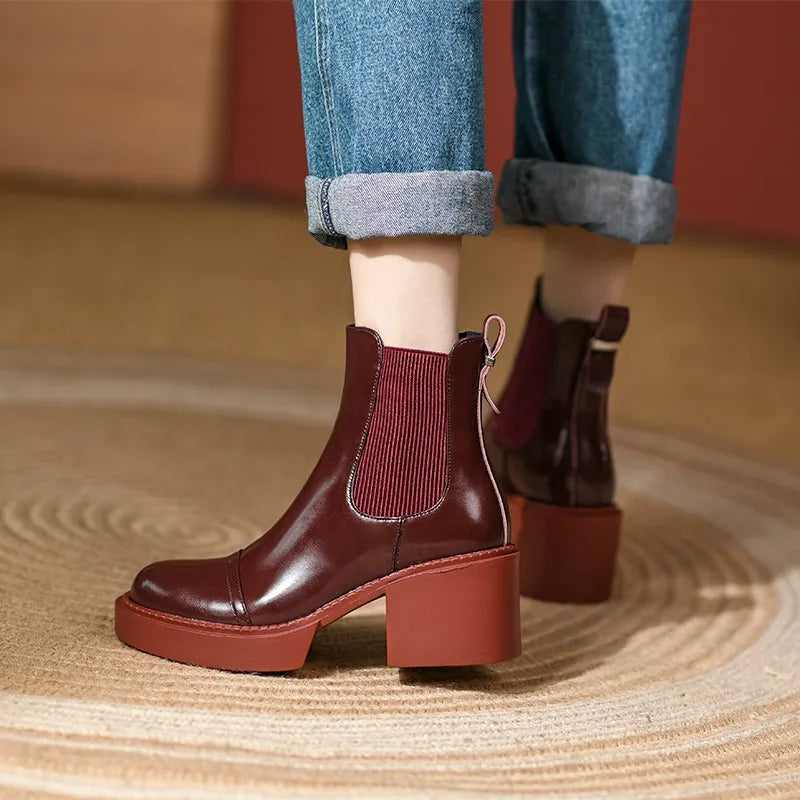 Winter Genuine Leather Chelsea Boots Women Shoes Retro Round Toe Women Platform Thick Heels Short Booties Autumn