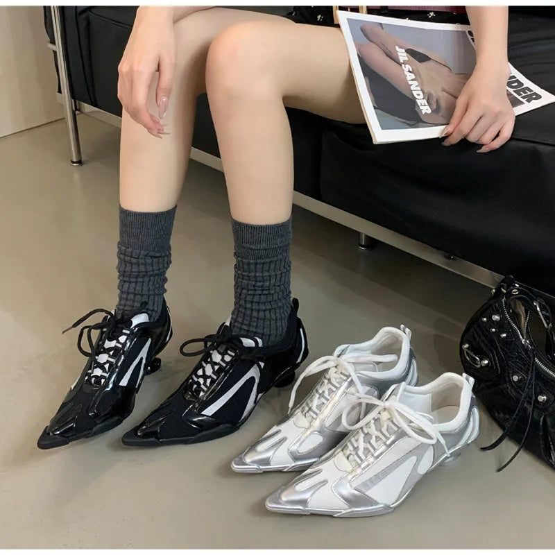 Sport Style Fashion Mixed-color Pointed toe Women Pumps Spring Autumn Breathable Mesh Strange High heels Casual Sneakers Shoes