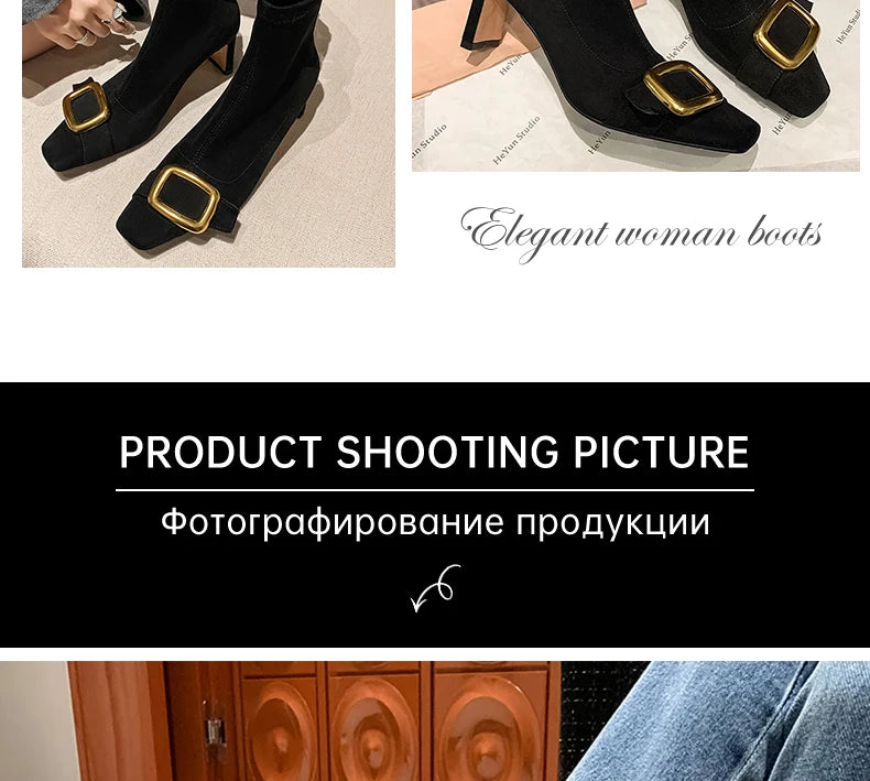 Ods Personalized Low-heeled Fashion Boots for Fall/winter New Pointed Metal Square Buckle Back Zipper Stretch Thin Ankle Boots42