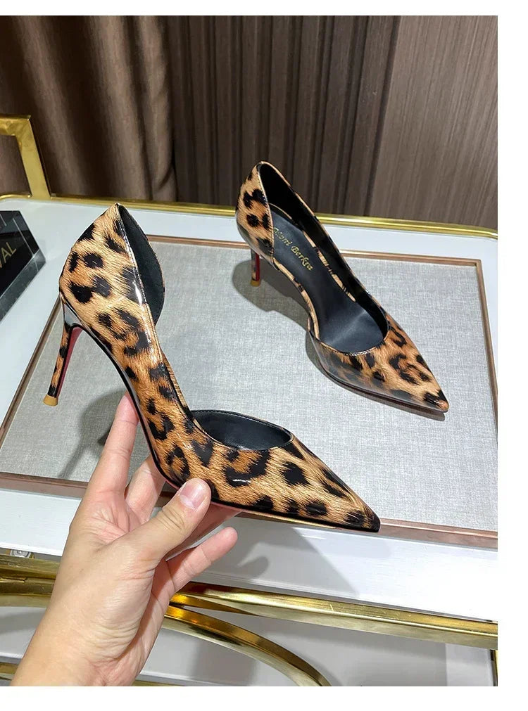 New leopard print high heels for women, slim heels, shallow mouthed French style, sexy and versatile, single shoe size 33-46