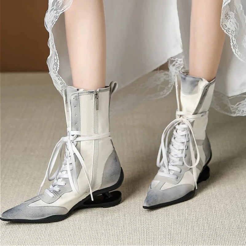 Pointed Toe Cross-tied Designer Women Boots Warm Strange Heel Retro Ankle Boots Zip Street Style Fashion High Short Boots Female