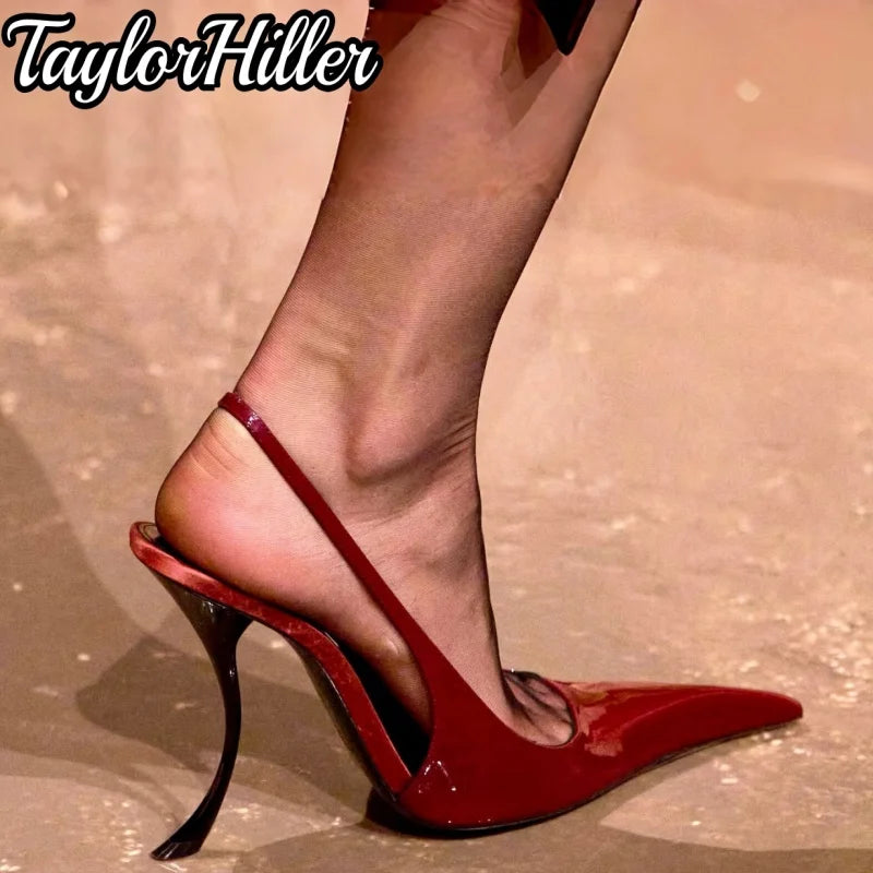 Strange Style Patent Leather Heeled Sandals Shallow Pointy Toe Black Wine Red High Heels Pull On Slip On Luxury Modern Shoes New