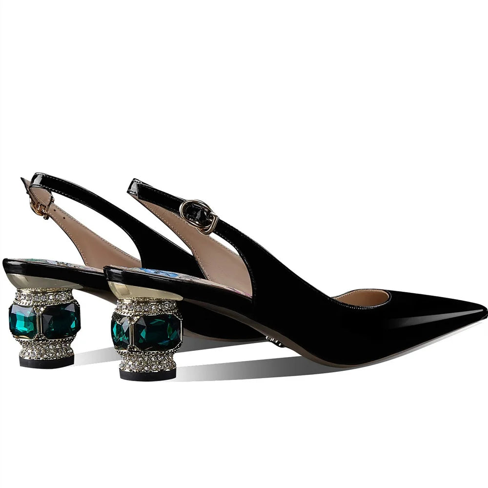 Dilalula 2025 Patent Cow Leather Crystal Heels Sandals Women Pointed Toe Office Ladies Party Dating Wedding Sandals Plus Size