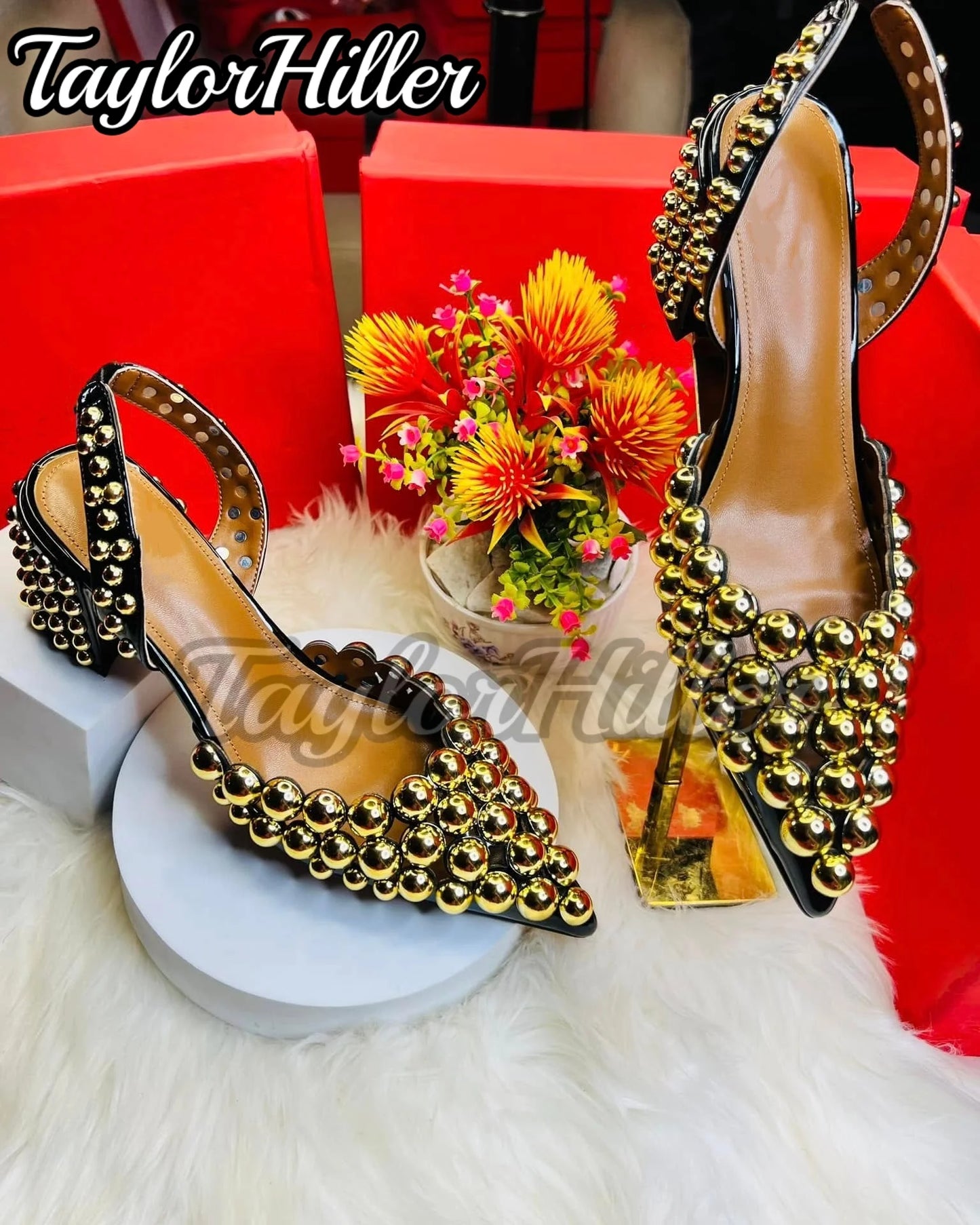 Golden Silver Ball Decor Heeled Sandals Slingback Women Pull On Slip On Shoes Pointy Toe Luxury Studded Metallic Luster Heels