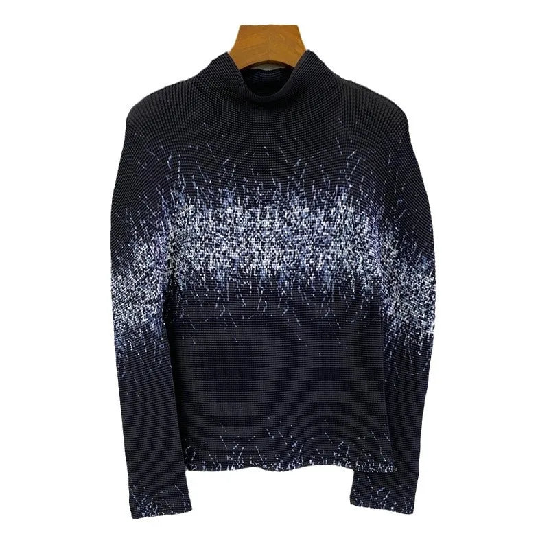 Miyake Pleated Contrasting Colors T-shirt Women Half Turtleneck Skinny Pullover 2025 Summer Fashion Female Clothing
