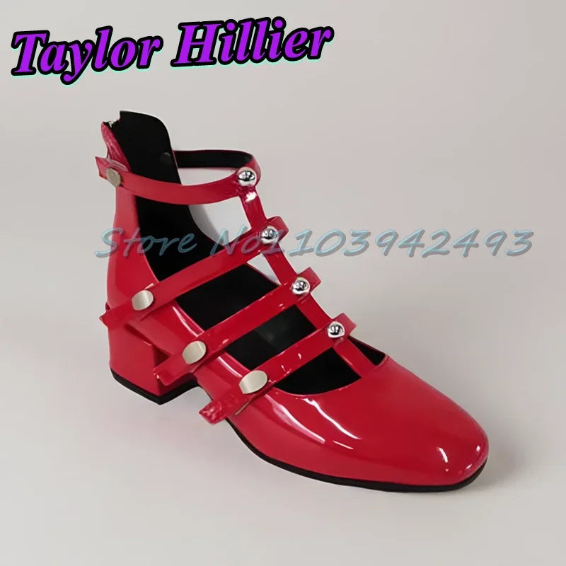 Gladiator Green Heeled Sandals Rivets Women Designer Luxury Shoes Patent Leather Solid Sandalias De Mujer Roman Strappy Palace
