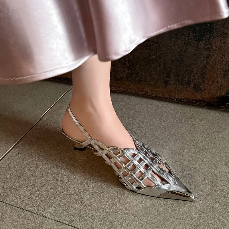 Sexy Real Leather Sandals Women Covered Metal Head Toe Narrow Band Sandals Ladies Party Dating Summer Med Heels