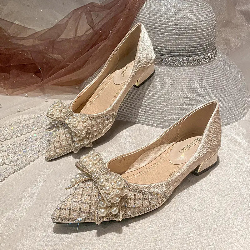 Women's Summer Footwear Pearl Square Heels Shoes for Woman 2025 Pointed Toe Diamond Low Heel Elegant with Crystals Rhinestone