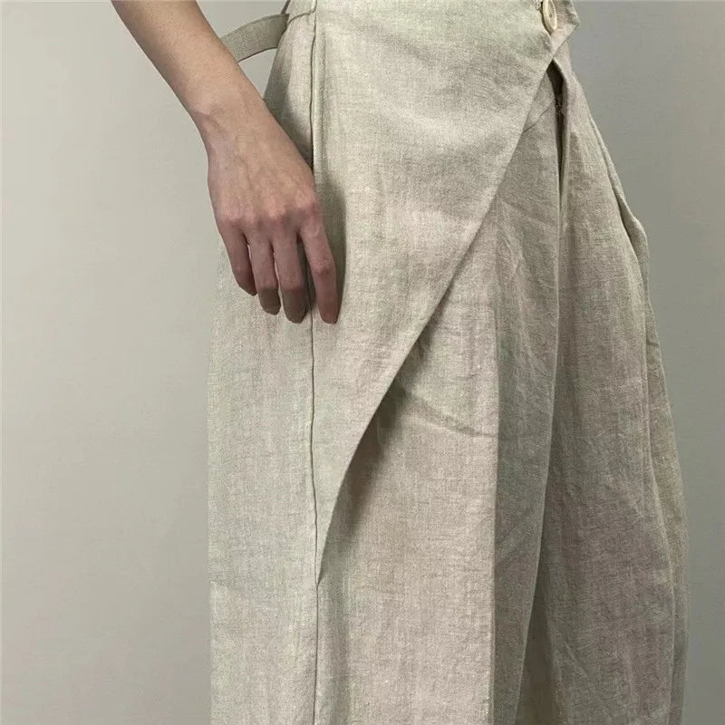 Limiguyue Japanese Cotton Linen Wide Leg Pants Women Irregular Waist Summer Pants One Button Loose Pleated Full Trousers F157