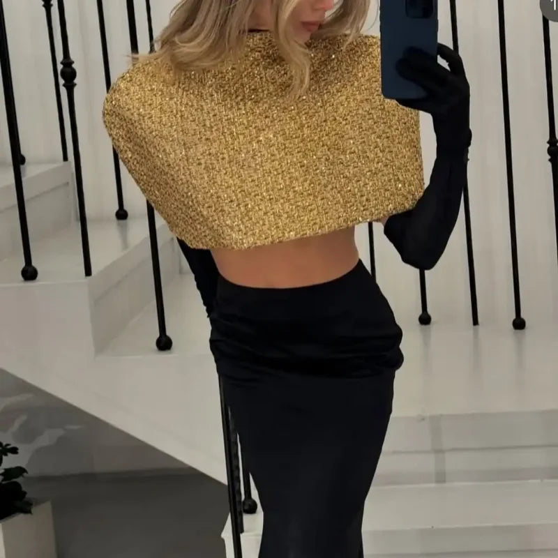 Elegant Chic Gold Sparkle Capelet Top Shiny Tweed Shoulder Wrap Turtleneck Short Cloak New Lady Evening Club Party Tops 2026