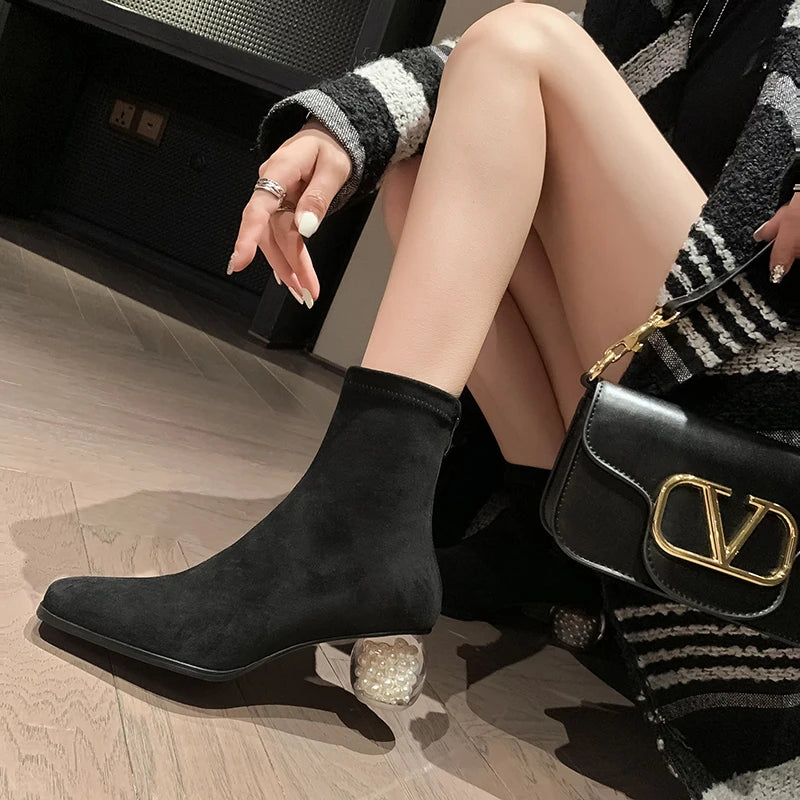 Stretchable Short Boots Women Square Toe Pearl Heels Young Ladies Fashion Ankle Boots Female Party Dating Shoes