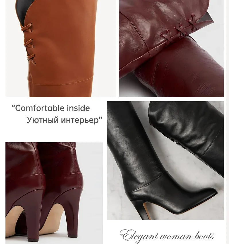 Elegant Leather Over The Knee Pleated Boots. Trendy Sexy Pointed Toe Stiletto.