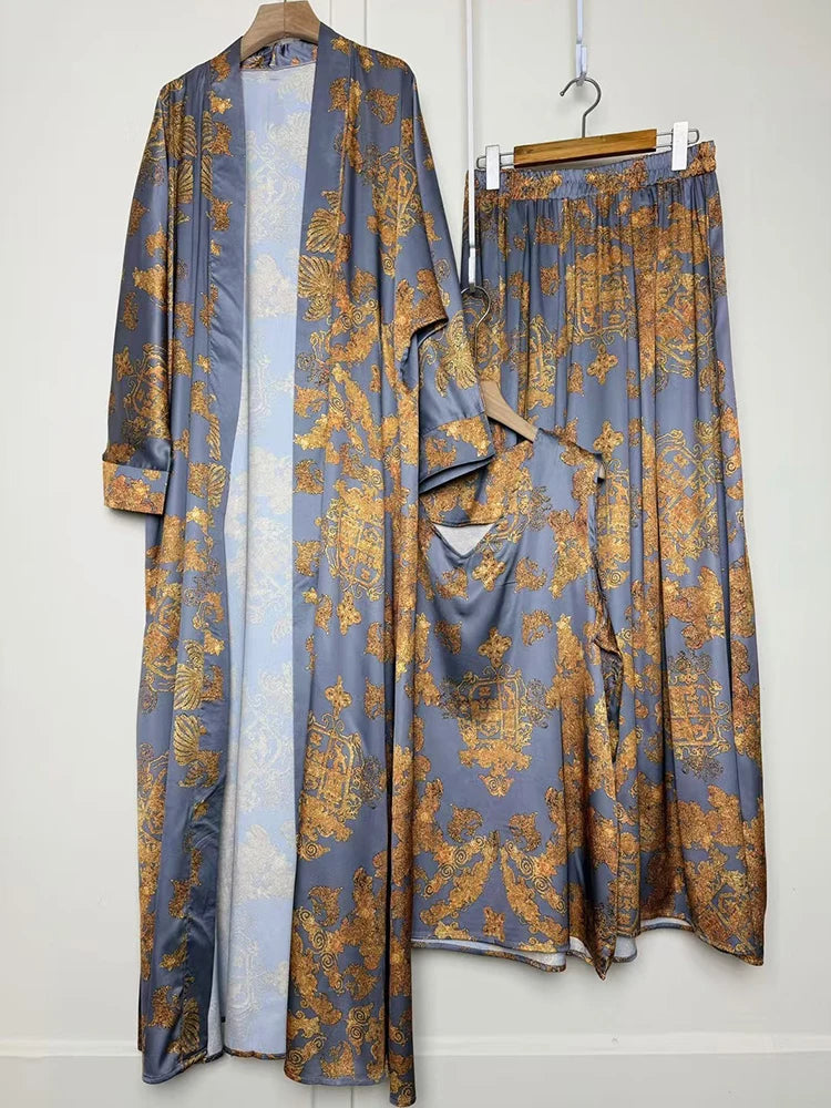 Retro positioning printed long cardigan+vest three piece set 2026 spring women's clothing+loose pants skirt fashion set