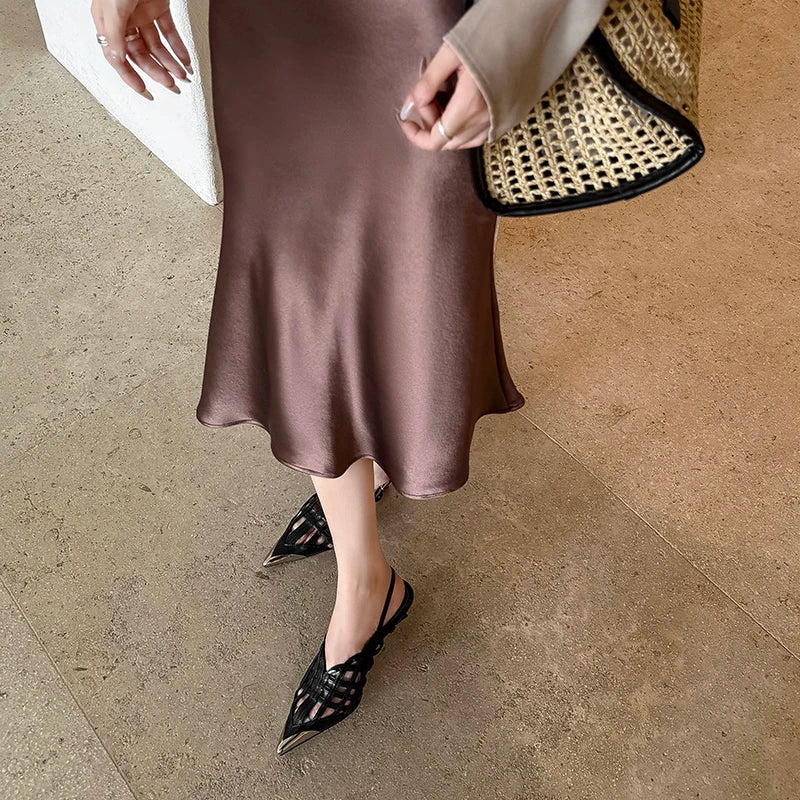 Sexy Real Leather Sandals Women Covered Metal Head Toe Narrow Band Sandals Ladies Party Dating Summer Med Heels