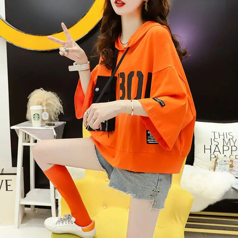 2023 Summer New Letter Printing Hoodies Women Round Neck Short Sleeve Drawstring Short Pullovers Ladies Korean Style Casual Top