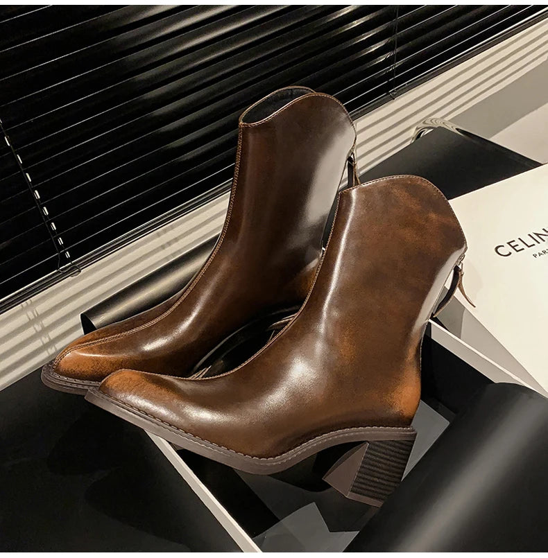 Ods New Women Genuine Leather Pointed Toe Knee High Boots Black White Brown Side Zipper Female Shoes Thick Heel Plus Size 42