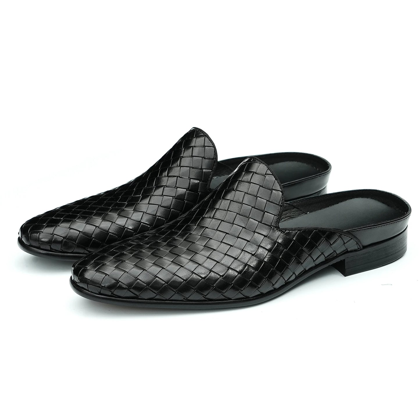 Mens Genuine Leather Slip On Sandals Summer Breathable Open Back Loafers No Heel Cowhide Weaving Slides