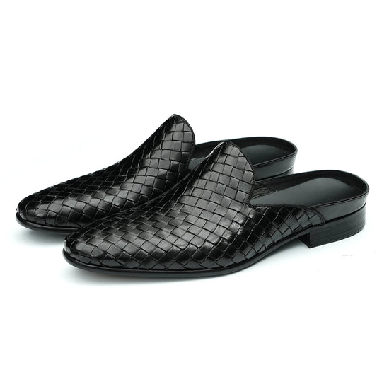 Mens Genuine Leather Slip On Sandals Summer Breathable Open Back Loafers No Heel Cowhide Weaving Slides