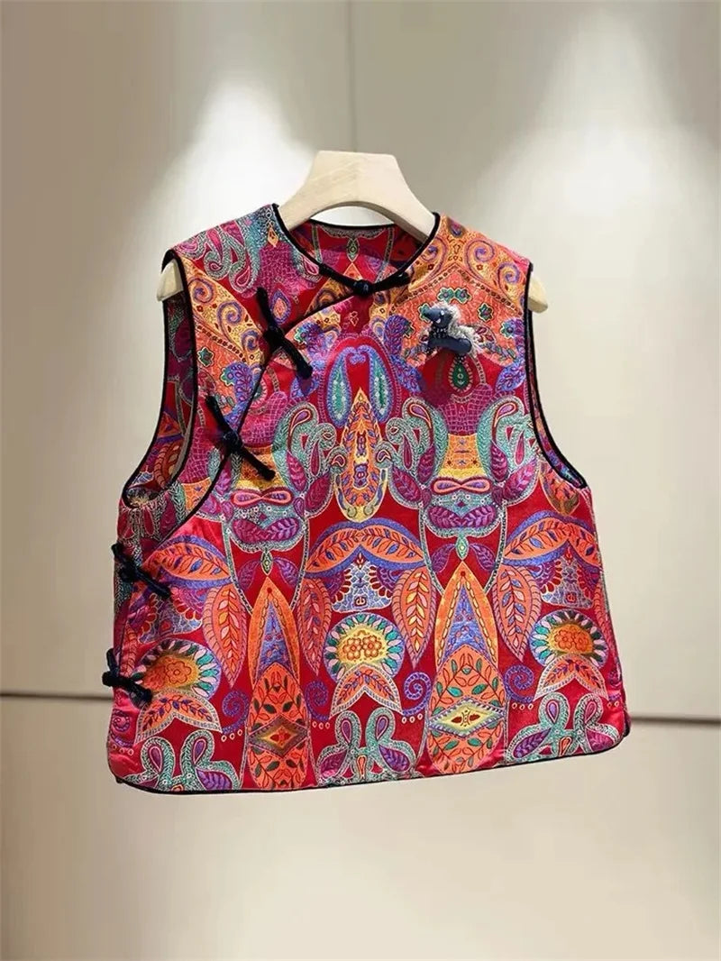 New Chinese High-end red Chic Vest Jacket Women's Spring Classic Buckle Vest Round Neck Buckle Tang Suit Jacket Sleeveless Coat
