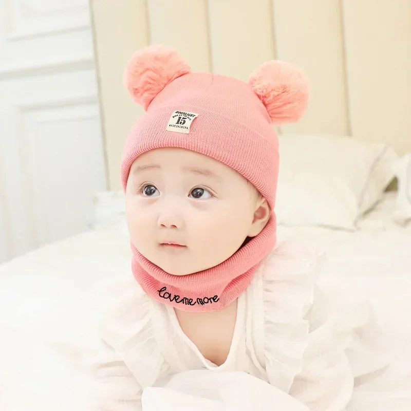 Autumn Winter Warm Baby Knitted Hats with Scarf Kids Knit Beanie Caps Solid Color Children's Hat Toddler Boys Girls Accessories