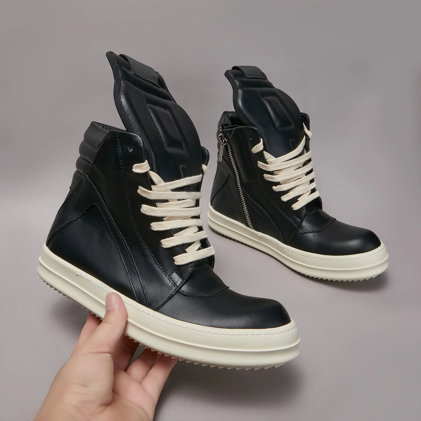 Luxury Brand Men Shoe Genuine Leather Casual Shoes High Top Zipper Lace-up Women Black Sneakers Top Quality Platform Ankle Boot