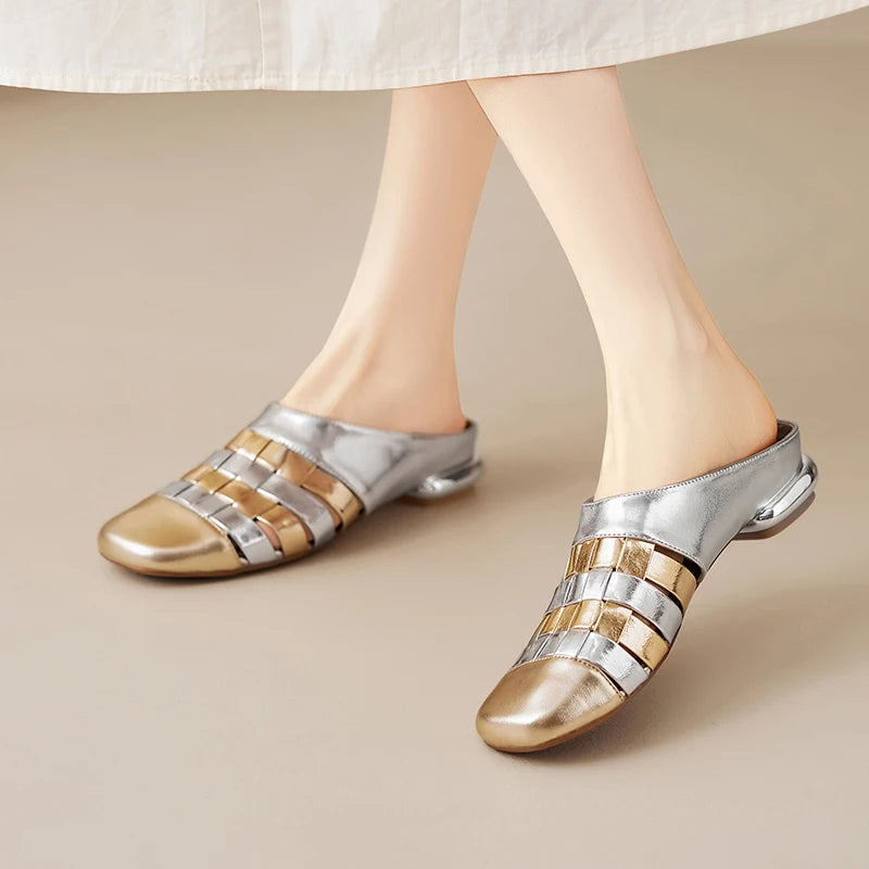 Dilalula 2025 Genuine Leather Braided Slippers Women Mixed Color Covered Toe Low Heels Casual Slides Ladies Summer Weave Mules