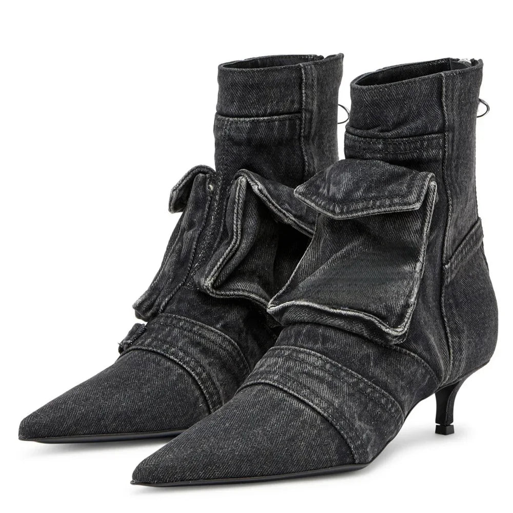 Para Mujer Women Shoes Washed Denim Pocket Boots Fashionable Pointed Thin Low Heel Rear Zipper Short Boots Botas De Invierno