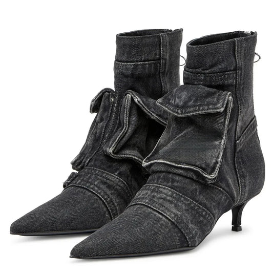 Para Mujer Women Shoes Washed Denim Pocket Boots Fashionable Pointed Thin Low Heel Rear Zipper Short Boots Botas De Invierno