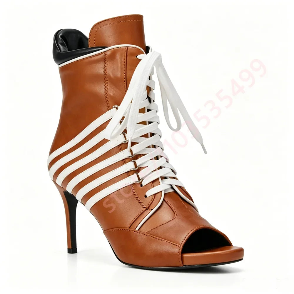2026 Striped Peep Toe Ankle Women Boots Summer New Style Front Lace Up Thin Stiletto High Heel Fashion Streetwear Booties