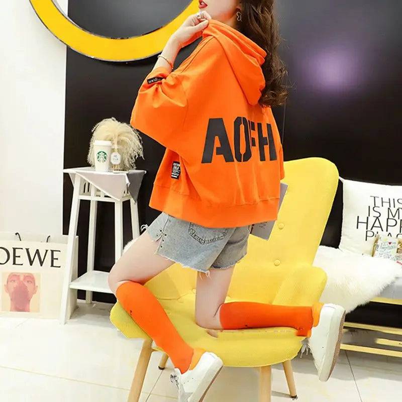 2023 Summer New Letter Printing Hoodies Women Round Neck Short Sleeve Drawstring Short Pullovers Ladies Korean Style Casual Top