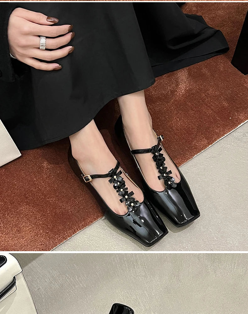 Ods Lolita Shoes 3cm Heels Square Toe Lace-Up Classic Style Sandals Ladies Slip On Shallow Mouth 2025 Mary Jane 5cm Gold Retro