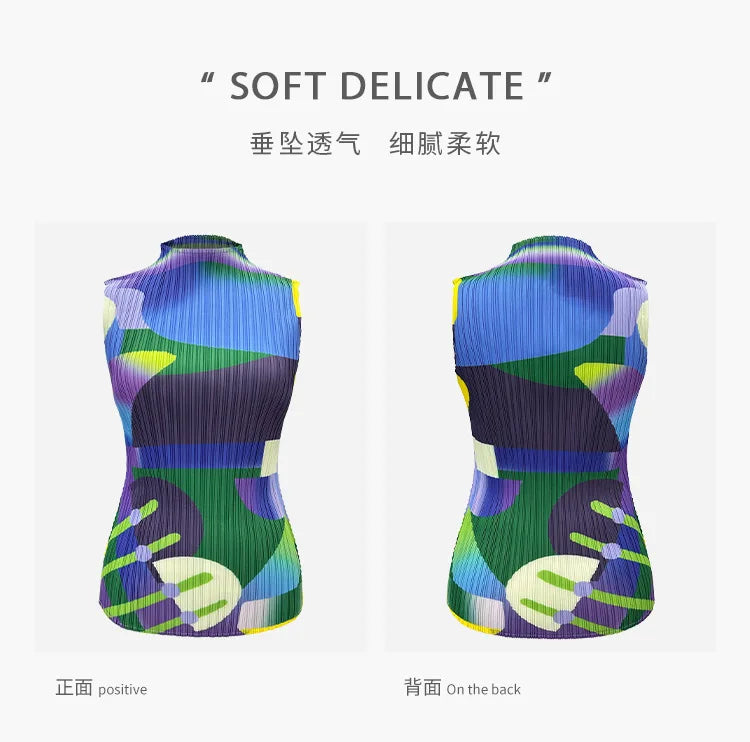 Miyake Pleated Geometric Playground Printed High-neck Sleeveless Top