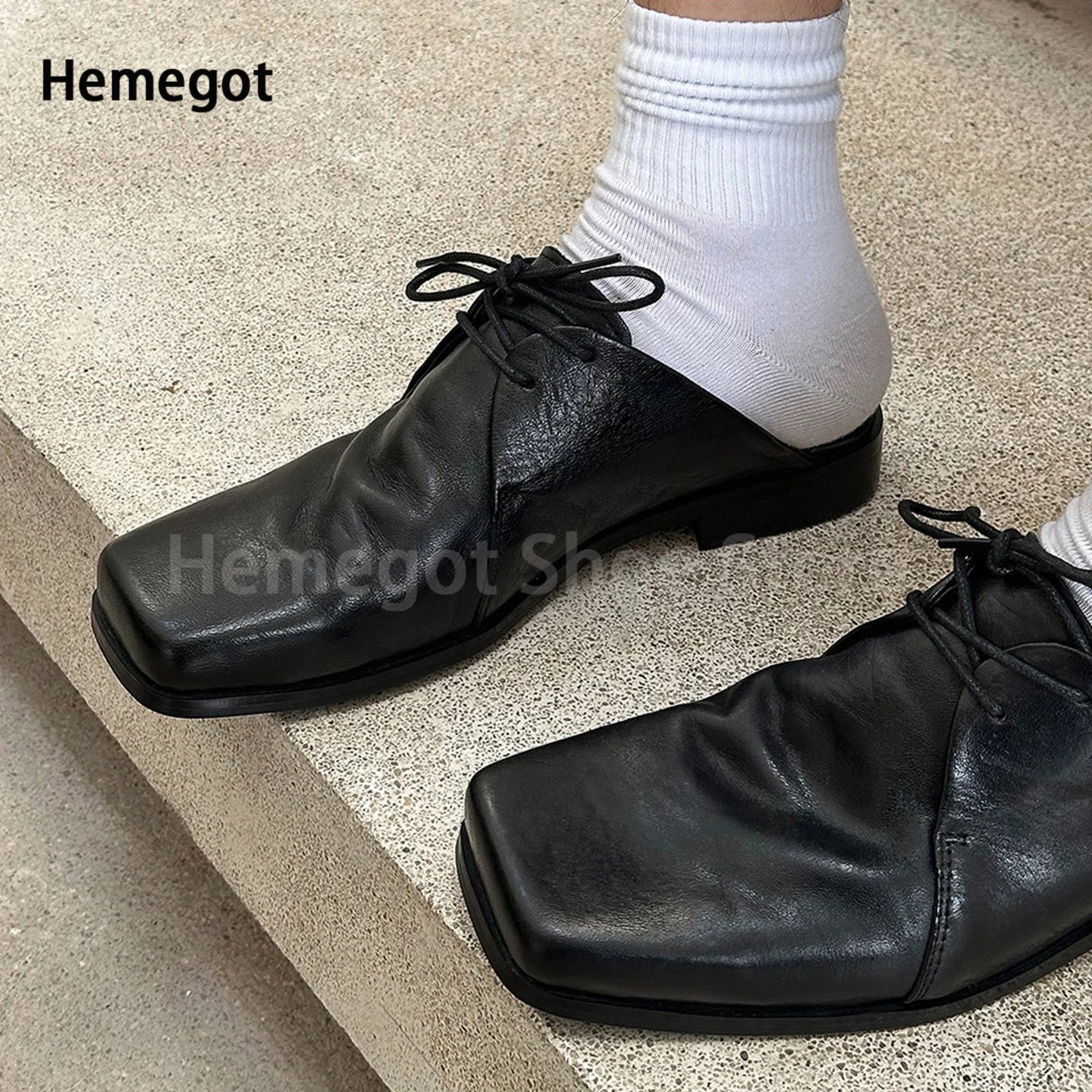 Black Leather Mules Slippers Men's Shoes Square Toe Lace-Up Flats Wear-Resistant Solid Color Casual Shoes Handmade Men's Shoes