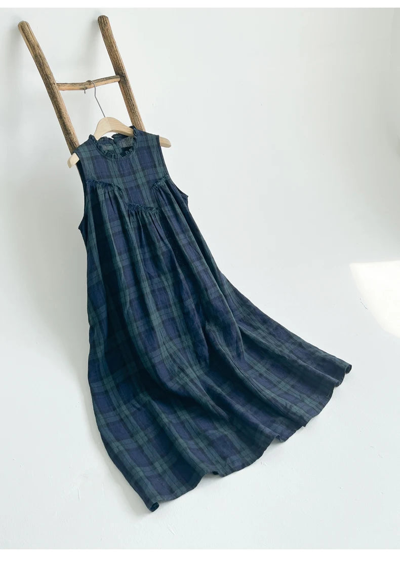 Summer 2026 Large Size Cotton Linen Plaid Vest Skirt Long Svel Dr Chest Splicing Wooden  Ear A-Line Dr