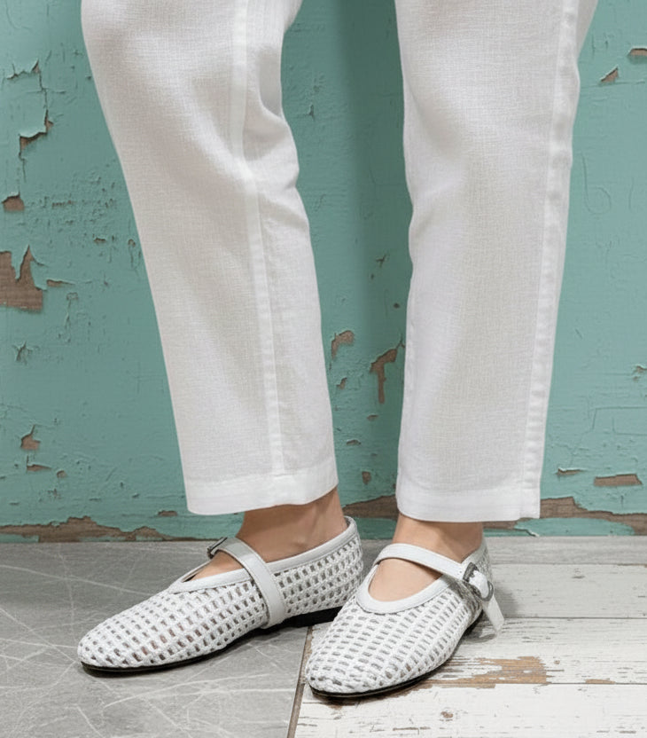 In style Fashion Summer Woven Women Ballet Flats Breathable Hollow out Mary Janes Leather Lazy Walking Loafers Girls Shoes