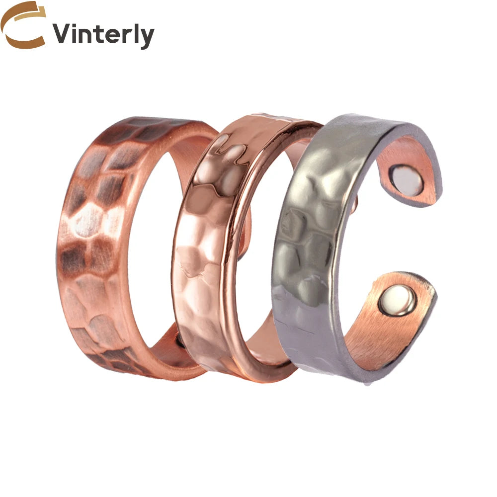 Vinterly Pure Copper Magnetic Rings for Women Adjustable Vintage 6mm Cuff Jewellery Wedding Bands Resizable Finger Mens Rings