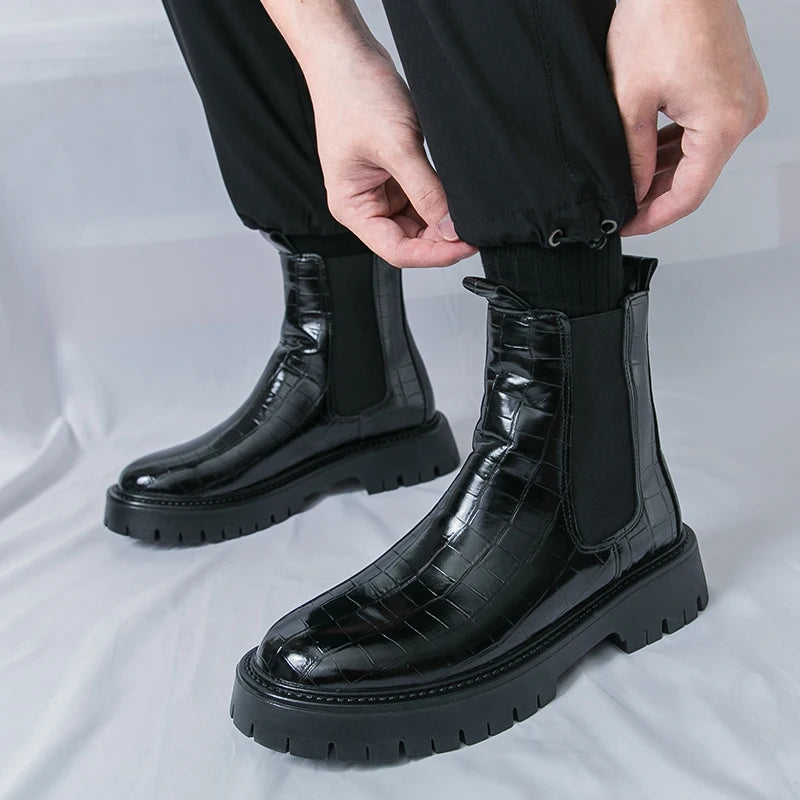 2025 Fashion Brand Men's Comfortable Fit Thick Soled Chimney Boots Autumn New High Top Chelsea Boots Plus Large Workwear Boots