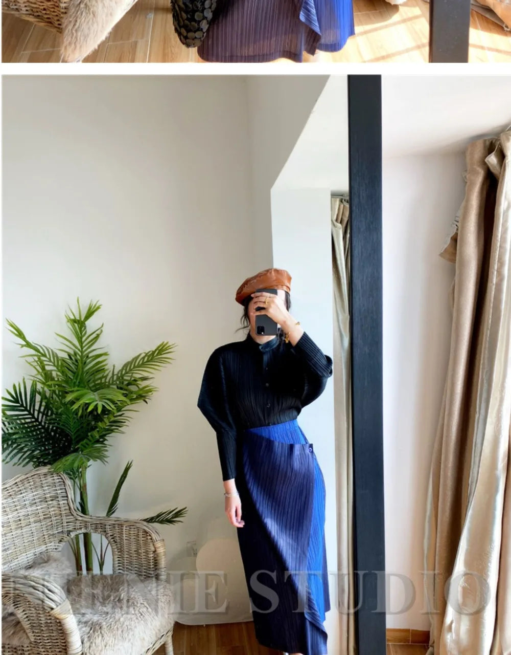 Miyake Pleated Skirt High Waist One Button Stitching Long Asymmetrical Skirt Two Piece Straight Korea Fashion Aesthetic Clothes