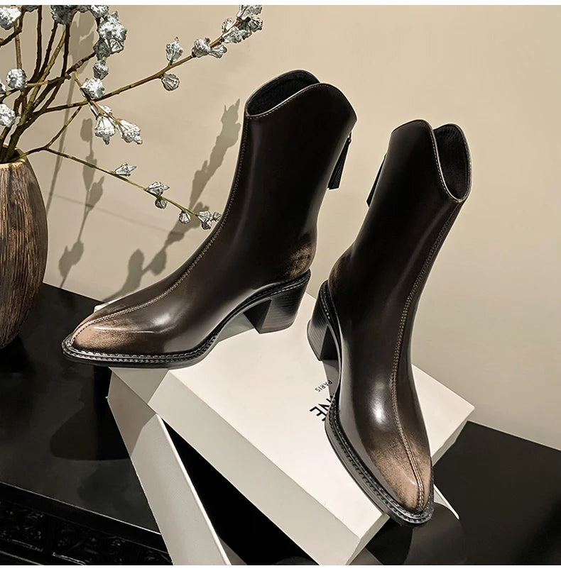 Ods New Women Genuine Leather Pointed Toe Knee High Boots Black White Brown Side Zipper Female Shoes Thick Heel Plus Size 42